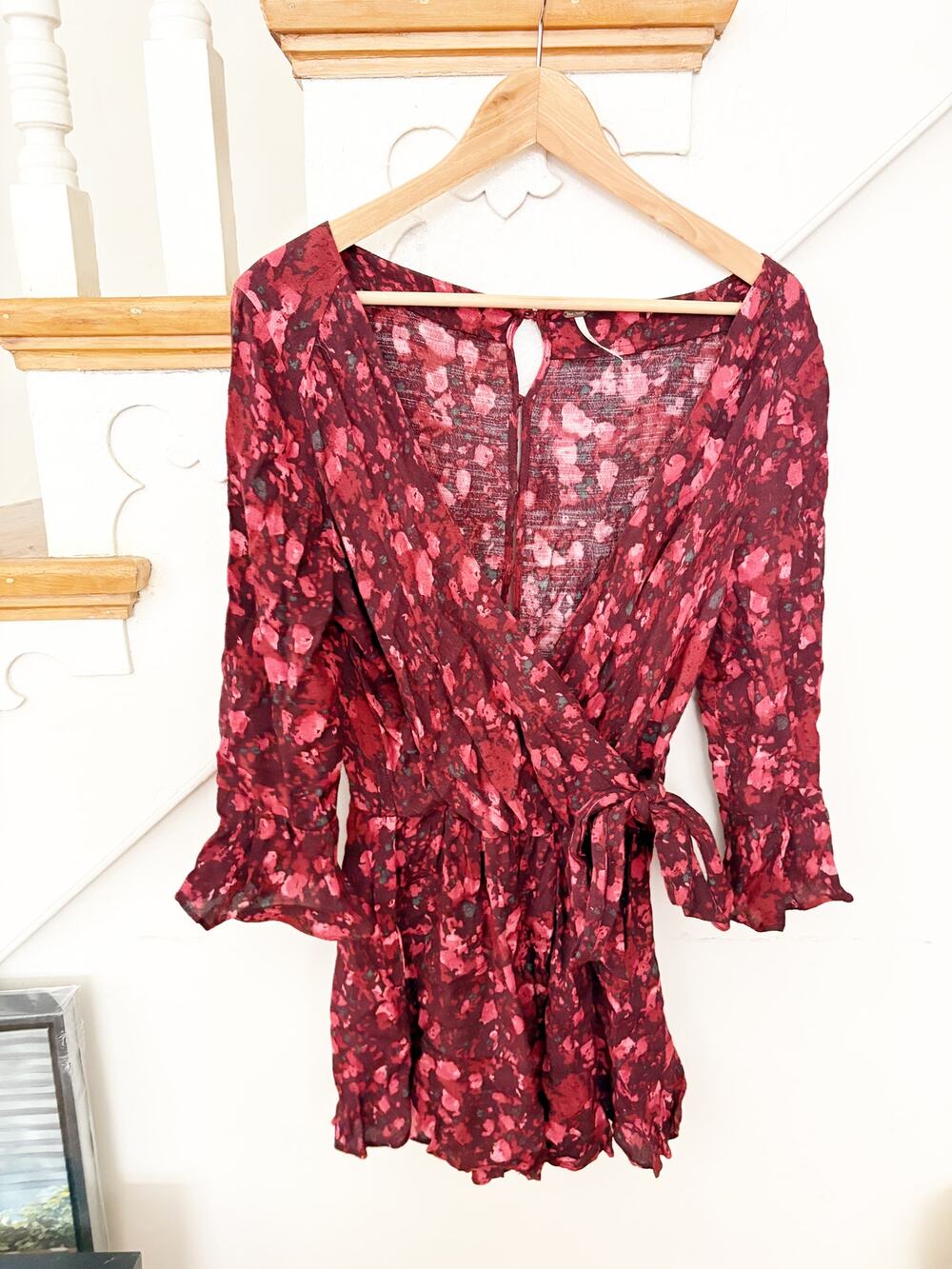 Free People All The Right Ruffles Floral Wrap Romper Burgundy Pink Size Small